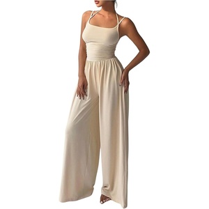image:imageFloerns Womens Summer Jumpsuit Romper Spaghetti Strap Wide Leg Baggy PantsApricot