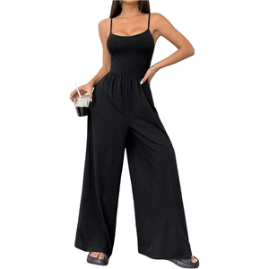 image:imageFloerns Womens Summer Jumpsuit Romper Spaghetti Strap Wide Leg Baggy PantsBlack Solid