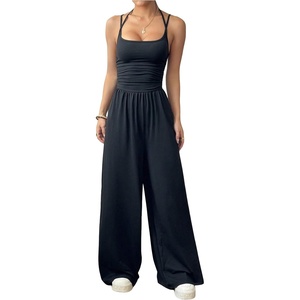 image:imageFloerns Womens Summer Jumpsuit Romper Spaghetti Strap Wide Leg Baggy PantsBlack Tall