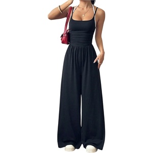image:imageFloerns Womens Summer Jumpsuit Romper Spaghetti Strap Wide Leg Baggy PantsBlack and White