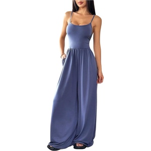 image:imageFloerns Womens Summer Jumpsuit Romper Spaghetti Strap Wide Leg Baggy PantsBlue Plain
