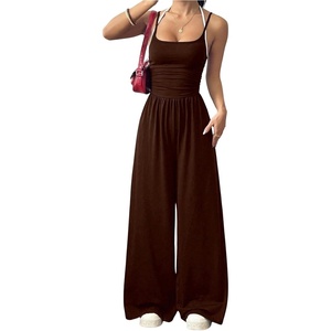 image:imageFloerns Womens Summer Jumpsuit Romper Spaghetti Strap Wide Leg Baggy PantsBrown Mutli