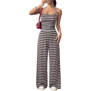 image:imageFloerns Womens Summer Jumpsuit Romper Spaghetti Strap Wide Leg Baggy PantsBrown and Blue