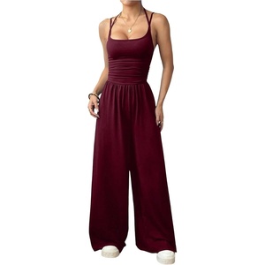 image:imageFloerns Womens Summer Jumpsuit Romper Spaghetti Strap Wide Leg Baggy PantsBurgundy