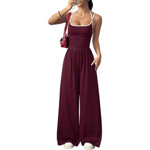 image:imageFloerns Womens Summer Jumpsuit Romper Spaghetti Strap Wide Leg Baggy PantsBurgundy Multi