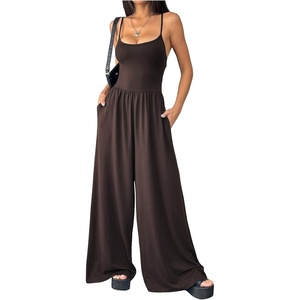 image:imageFloerns Womens Summer Jumpsuit Romper Spaghetti Strap Wide Leg Baggy PantsCoffee Brown