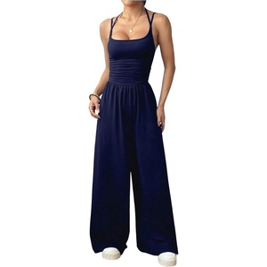 image:imageFloerns Womens Summer Jumpsuit Romper Spaghetti Strap Wide Leg Baggy PantsDark Blue