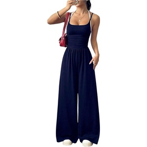 image:imageFloerns Womens Summer Jumpsuit Romper Spaghetti Strap Wide Leg Baggy PantsDeep Blue