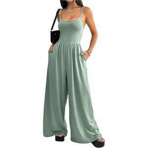 image:imageFloerns Womens Summer Jumpsuit Romper Spaghetti Strap Wide Leg Baggy PantsGreen
