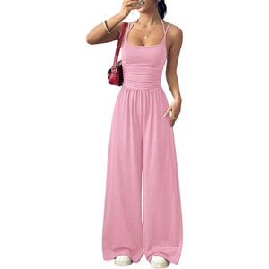 image:imageFloerns Womens Summer Jumpsuit Romper Spaghetti Strap Wide Leg Baggy PantsLight Pink