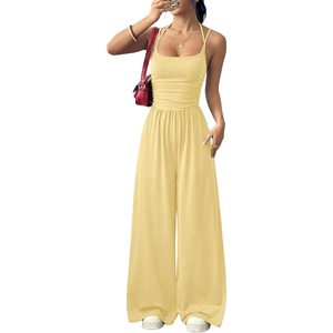image:imageFloerns Womens Summer Jumpsuit Romper Spaghetti Strap Wide Leg Baggy PantsYellow