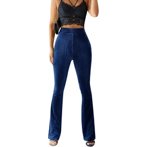 image:imageFloerns Womens Velvet Elastic Waist Flare Leg Palazzo Long Pants TrousersNavy Blue