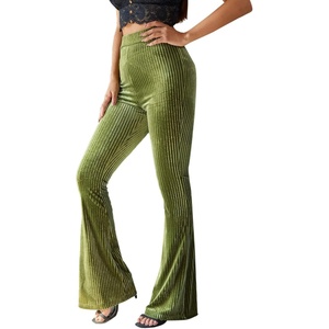 image:imageFloerns Womens Velvet Elastic Waist Flare Leg Palazzo Long Pants TrousersOlive Green
