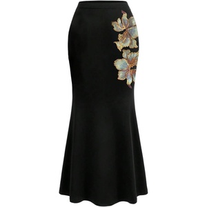 image:imageFloerns Womens Velvet Sequin Floral High Waisted Fishtail Midi SkirtBlack