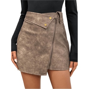 image:imageFloerns Womens Vintage Leather Skirts Zip Up High Waist Asymmetrical Hem Mini SkirtsBrown