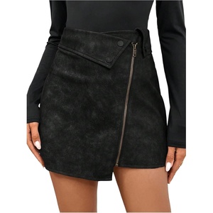 image:imageFloerns Womens Vintage Leather Skirts Zip Up High Waist Asymmetrical Hem Mini SkirtsDark Grey