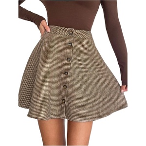 image:imageFloerns Womens Vintage Plaid Short Skirts Button Front High Waisted Fall Outfit Skater SkirtBrown