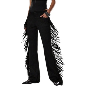 image:imageFloerns Womens Western Fringe Pants Low Rise Cowgirls Festival Concert Flared TrousersBlack