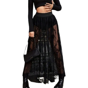 image:imageFloerns Womens Y2k Floral Lace Maxi Skirt Sheer Mesh High Waisted Flowy Going Out Rave Skirt with ShortsBlack