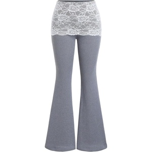 image:imageFloerns Womens Y2k Lace Pants Patchwork Flare Leg Fall Thermal Skinny Bell Bottom TrousersGrey