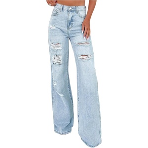 image:imageFloerns Womens Y2k Ripped Denim Pants High Waisted Bell Bottom Flare Leg Boyfriend TrousersBlue