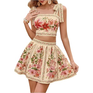 image:imageWomens Summer Floral Tie Shoulder Camisole Tops and Skirt Sets 2 Piece Vacation OutfitApricot Multi