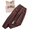 image:imageFloerns Girls 2 Piece Outfit Letter Print Rib Knit Crop Tank Top and Cargo PantsA Brown