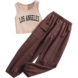 image:imageFloerns Girls 2 Piece Outfit Letter Print Rib Knit Crop Tank Top and Cargo PantsA Brown