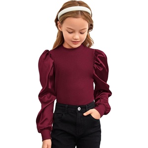 image:imageFloerns Girls Casual Puff Long Sleeve Round Neck Rib Knit Blouse Tee TopsMaroon