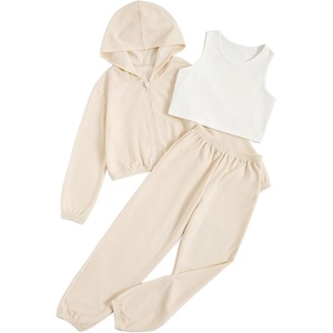 image:imageFloerns Girls Cute Preppy 3 Piece Outfits Clothes Tank Top Sweatpants Set with Sweatshirt HoodieApricot