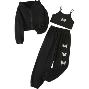 image:imageFloerns Girls Graphic Print Clothes Cami Top Sweatpants Set with Jacket Hoodie 3 Piece OutfitBlack