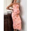 image:imageFloerns Women Floral Strapless Bodycon Long Maternity Wedding Guest DressesCoral Orange Pink