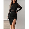 image:imageFloerns Womens Contrast Mesh Long Sleeve Bodycon Dress Slit Hem Mock Neck Pencil DressBlack