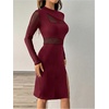image:imageFloerns Womens Contrast Mesh Long Sleeve Bodycon Dress Slit Hem Mock Neck Pencil DressBurgundy