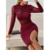 image:imageFloerns Womens Contrast Mesh Long Sleeve Bodycon Dress Slit Hem Mock Neck Pencil DressBurgundy
