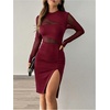 image:imageFloerns Womens Contrast Mesh Long Sleeve Bodycon Dress Slit Hem Mock Neck Pencil DressBurgundy