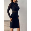 image:imageFloerns Womens Contrast Mesh Long Sleeve Bodycon Dress Slit Hem Mock Neck Pencil DressDark Blue