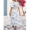 image:imageFloerns Womens Floral Deep V Neck Long Dress Summer Short Sleeve Smocked A Line Vacation DressesBlue and White Floral
