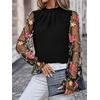 image:imageFloerns Womens Floral Embroidery Mesh Mock Neck Flare Long Sleeve Blouse TopBlack