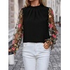 image:imageFloerns Womens Floral Embroidery Mesh Mock Neck Flare Long Sleeve Blouse TopBlack