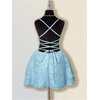 image:imageFloerns Womens Floral Jacquard Draped Mini Dress Sleeveless Lace Up Backless Tiered A Line DressesBlue