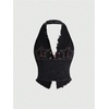 image:imageFloerns Womens Grunge Sleeveless Halter Backless Fringe Vest Denim TopsBlack Red