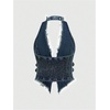image:imageFloerns Womens Grunge Sleeveless Halter Backless Fringe Vest Denim TopsLight Blue