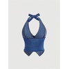 image:imageFloerns Womens Halter Denim Tank Top Button Down Backless Jean Crop TopsDark Wash