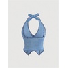 image:imageFloerns Womens Halter Denim Tank Top Button Down Backless Jean Crop TopsLight Wash