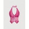 image:imageFloerns Womens Halter Denim Tank Top Button Down Backless Jean Crop TopsPink