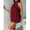 image:imageFloerns Womens Mesh Tie Knot Backless Ruffle Hem Halter Mini DressesBurgundy