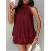 image:imageFloerns Womens Mesh Tie Knot Backless Ruffle Hem Halter Mini DressesBurgundy