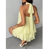 image:imageFloerns Womens Mesh Tie Knot Backless Ruffle Hem Halter Mini DressesLight Yellow