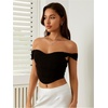 image:imageFloerns Womens Off Shoulder Short Sleeve Ruched Corset Crop Going Out TopBlack